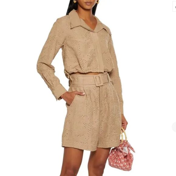SOLID & STRIPED The Harlow Cropped Broderie Anglaise Linen-Blend Tan Shirt S - Picture 2 of 9